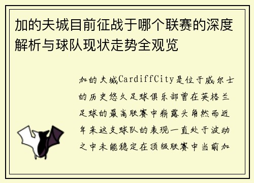 加的夫城目前征战于哪个联赛的深度解析与球队现状走势全观览