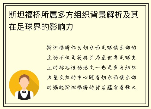 斯坦福桥所属多方组织背景解析及其在足球界的影响力