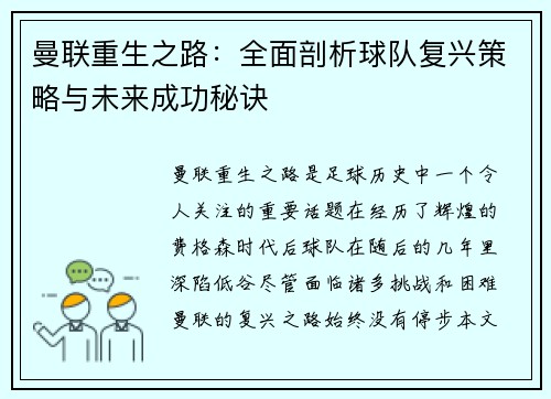 曼联重生之路：全面剖析球队复兴策略与未来成功秘诀