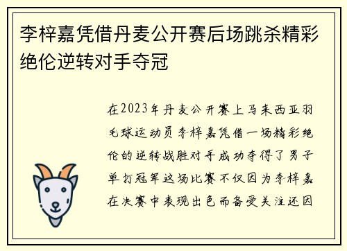 李梓嘉凭借丹麦公开赛后场跳杀精彩绝伦逆转对手夺冠